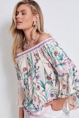 NEW KATIES PINK FLORAL FLOUNCE SLEEVE OFF SHOULDER TOP SIZE 18 RRP $84.99