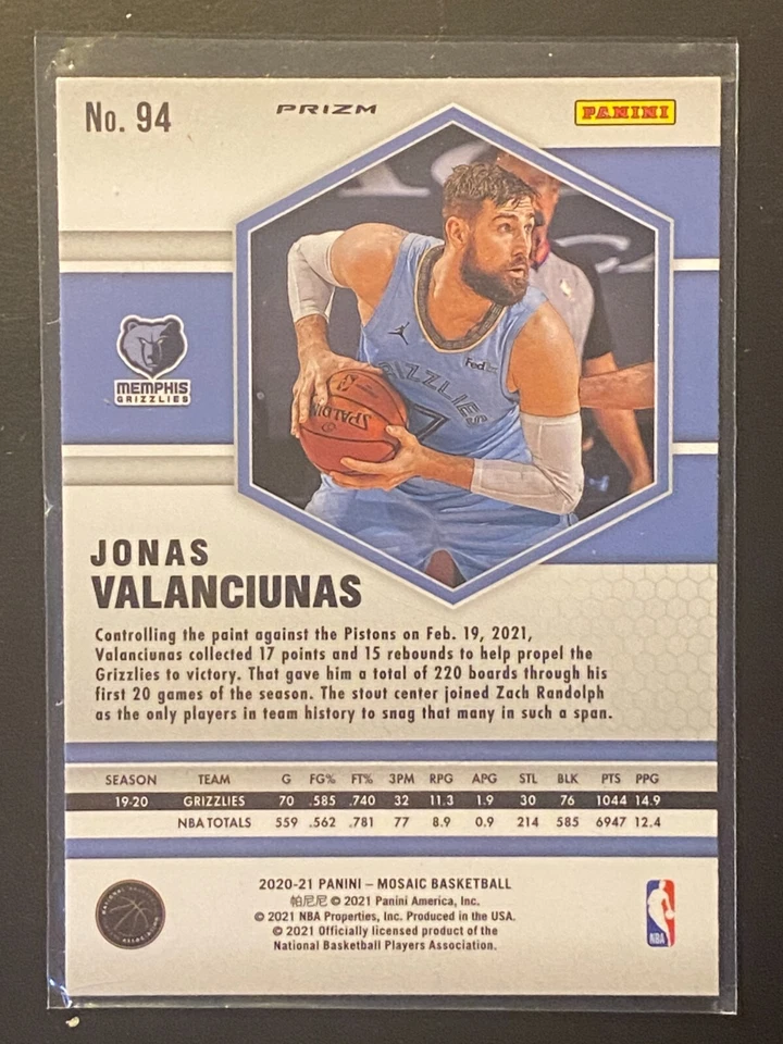 Jonas Valanciunas 2020-21 Panini Mosaic Green Prizm #94 Memphis Grizzlies - Image 2 of 2
