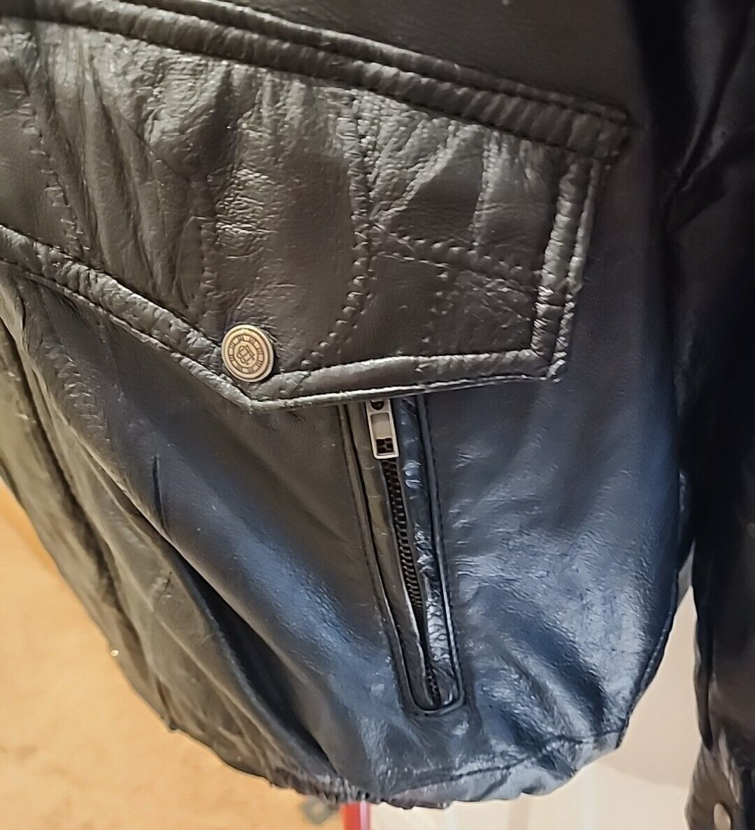 Leather Bomber Jacket Men's Large Patchwork Black… - image 11