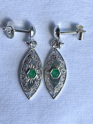 Genuine Colombian emerald earrings, silver 925 filigree, real natural  emerald