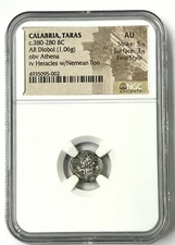 Calabria Taras 380-280 BC Silver Diobol NGC AU Fine Style Athena/Hercules & Lion