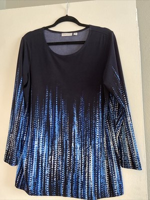 Susan Graver Liquid Knit Long Sleeve Border Print Tunic Navy Blue A239799 Size M