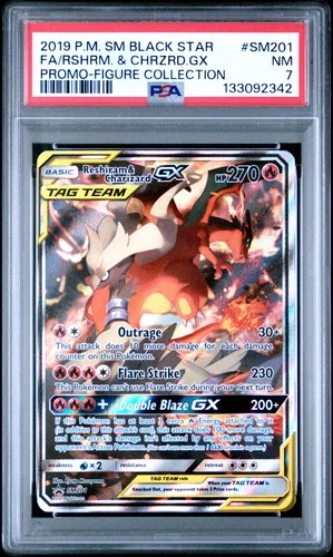 2019 POKEMON SM BLACK STAR PROMO #SM201 FULL ART/RESHIRAM & CHARIZARD GX PSA 7