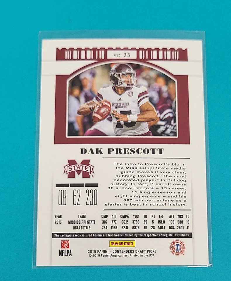 2019 Contenders DP Collegiate #25 Dak Prescott Mississippi St FOOTBALL Card 5B - Image 2 of 2
