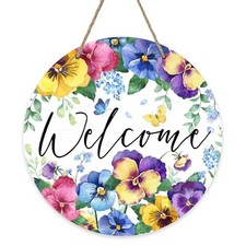 Welcome Spring Summer Floral Flowers Front Door Sign Forget Me Not Wood Pansy