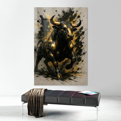 Kunst mit Goldener Stier, Tier, Wandbild Kunst Acrylglas, Leinwand, Poster Wand