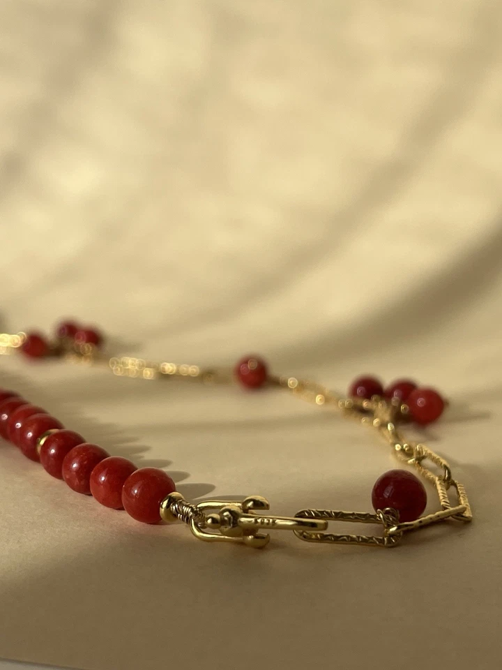 Collana Giada Rosso Corallo Catena,Chiusura Argento 925 Dorata Fatta A Mano 4in1 - Immagine 2 di 4