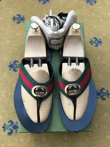 Gucci Sandales Cuir String Chaussures Noir Toile Vert Rouge Métal G Homme UK 10 US 44