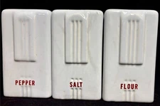 Set of 3 Vintage White Ceramic Stovetop Shakers; Art Deco Style Sugar Salt Flour