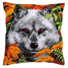 Wolf In Leaves Printed Chunky Cross Stitch Cushion Front Kit 40x40cm Vervaco