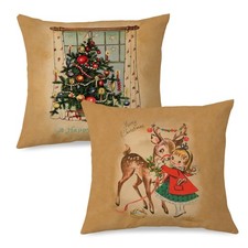 Vintage Christmas Deer Couch Pillow Covers 18x18 Set of 2,Retro Happy Deer Ho...