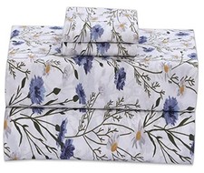 100% Cotton Bed Sheets, 4 Pcs Bed Sets, Blue & Yellow Floral Queen Sweet Pea