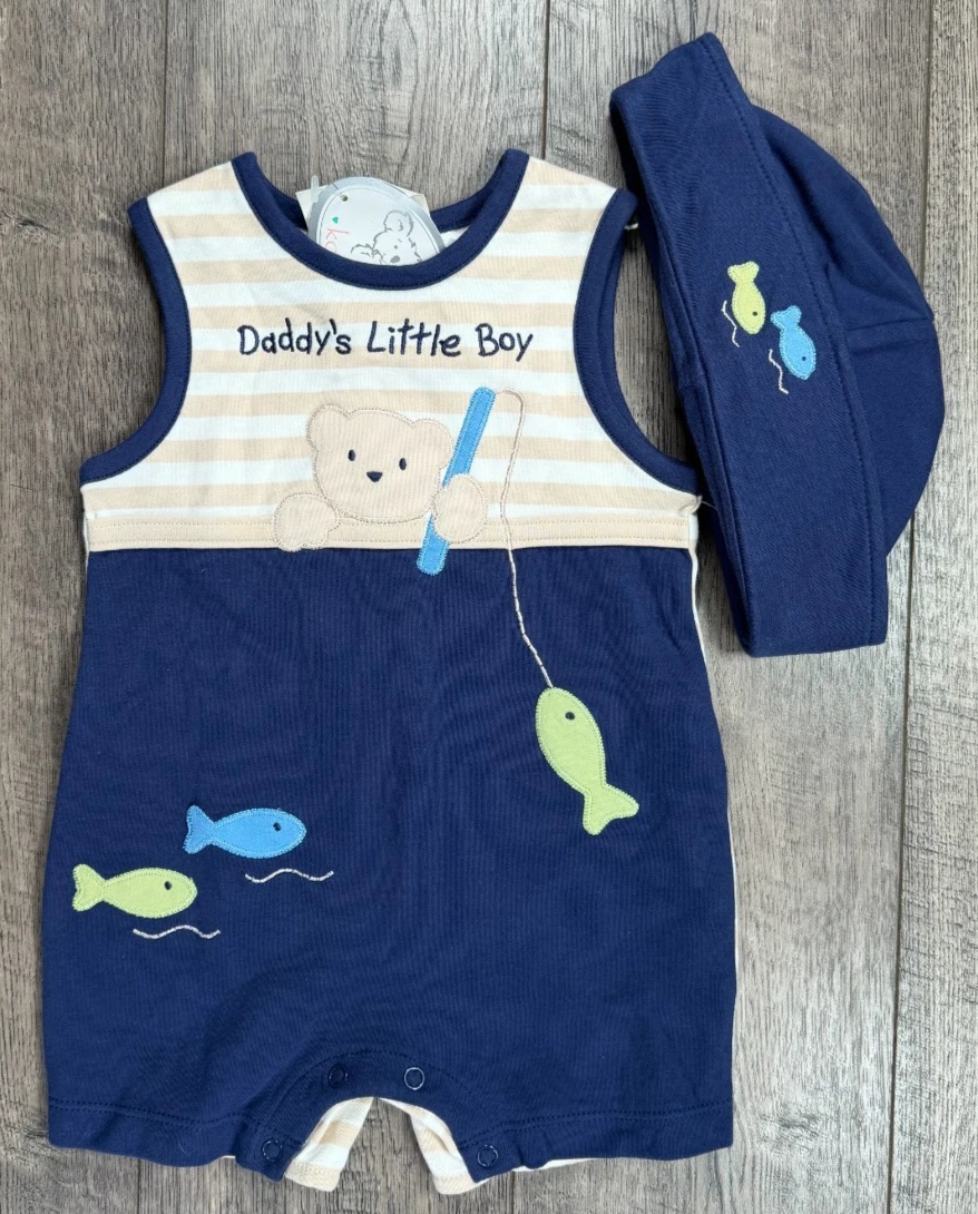 Baby Boy Clothes New Vintage Koala Baby 3-6 Month 2pc Fishing Romper Outfit &Hat