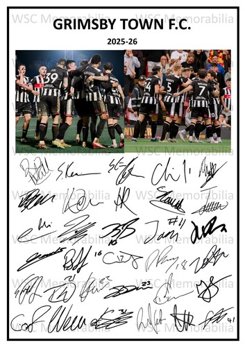12264. 2025-26 Grimsby Town Signed Team Photo Sheet (PRINTED AUTOGRAPH - A4)