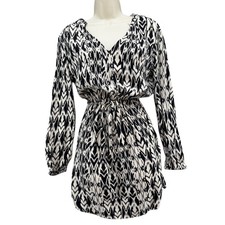 GAP Ikat Mini Dress Black White Long Balloon Sleeve Cinched Waist Size XS