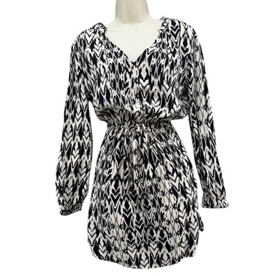 GAP Ikat Mini Dress Black White Long Balloon Sleeve Cinched Waist Size XS