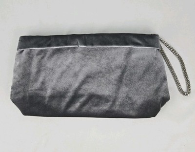 Zara Clutch Bag Grey Velvet Foldover Handbag With Chain Wrist Strap