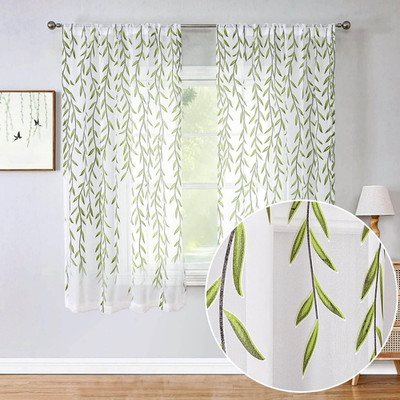 Short Sheer Curtains 2 Panel Set,Green Print Curtains Sheer Leaf Pattern White S