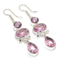 Pink Kunzite Gemstone Handmade 925 Sterling Silver Jewelry  Earring Sz 2.3"