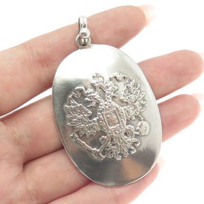 925 Sterling Silver Antique Imperial Double Head Eagle Coat of Arms Pendant