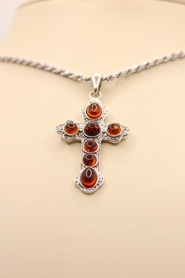 CIONDOLO CROCE ARGENTO AMBRA NATURALE MM 28X48 GR. 7,5 EXPLOIT - Immagine 4 di 4