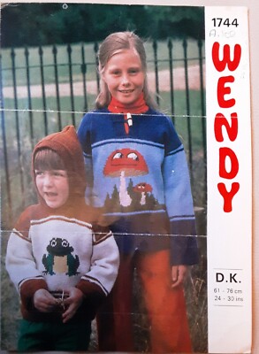 Orig Vintage Wendy DK Kind Frosch Fliegenpilzer Pullover 24''-30'' Strickmuster 1744