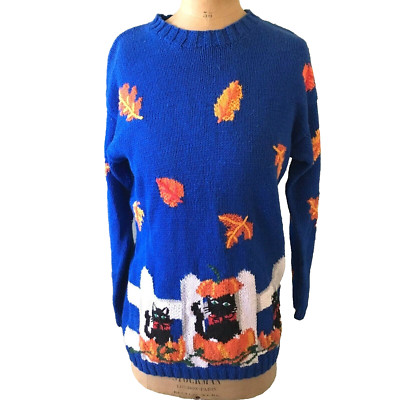 picone sport sweater size P / P blue hand knit cats fall leaves vintage petite
