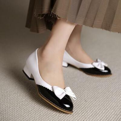 Women's Two Tone Color Splicing Low Heel Casual Bowknot Pumps Shoes Mary Jane OL