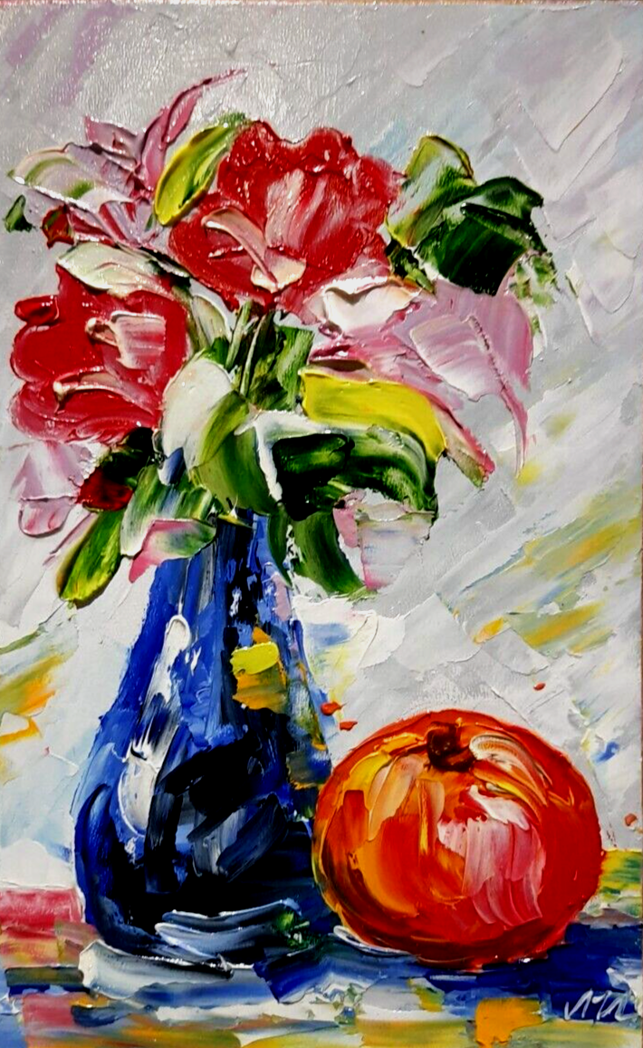 Oil painting. Flowers in a vase with an apple. Still life