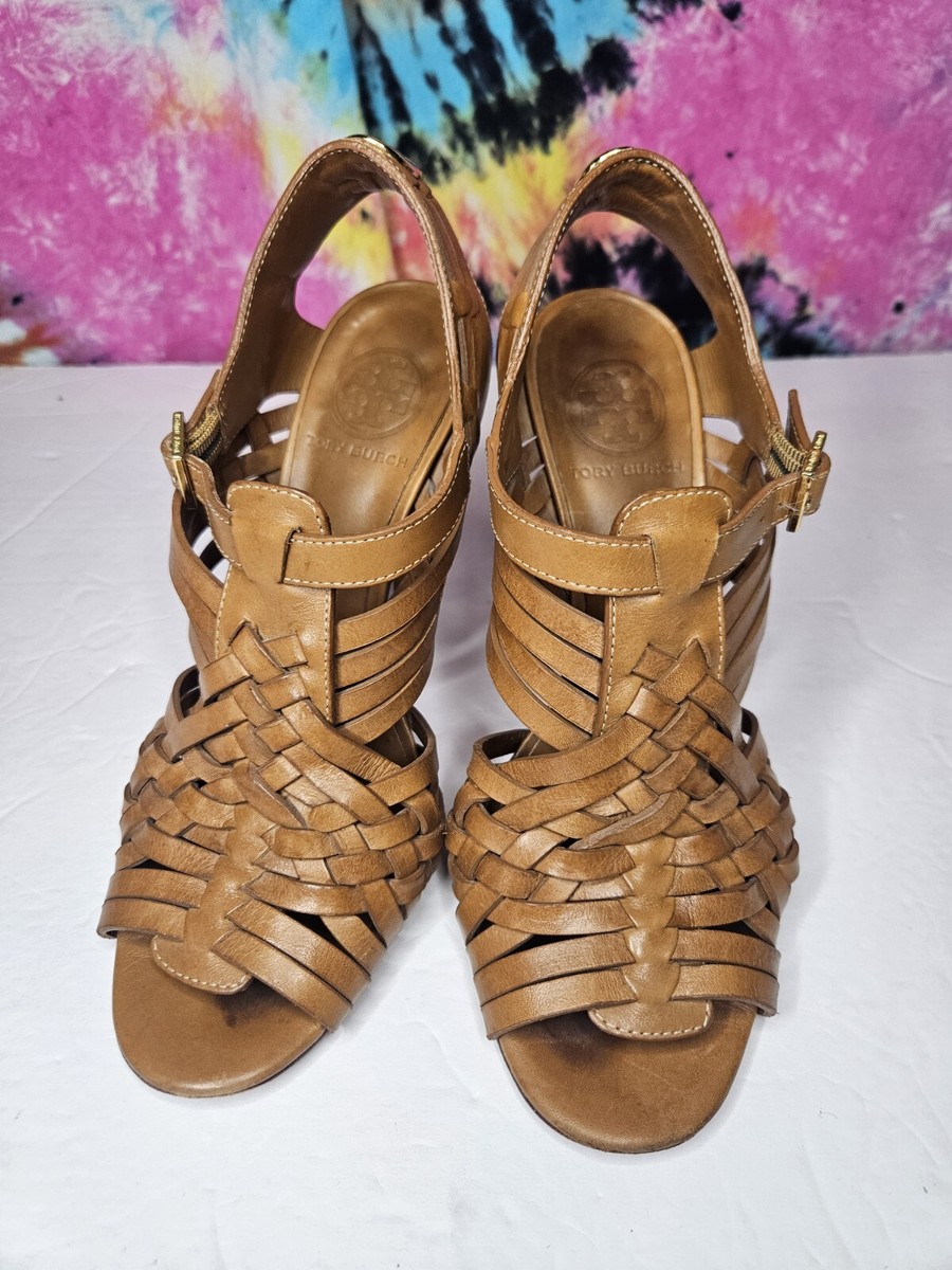 TORY BURCH $325 Nadia Brown Woven Leather Logo Detail  display picture 1