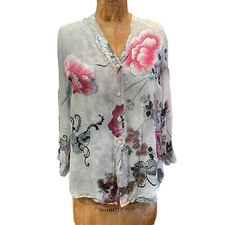 Citron Santa Monica Asian Art Floral & Butterfly Silk Top Blouse Top Medium