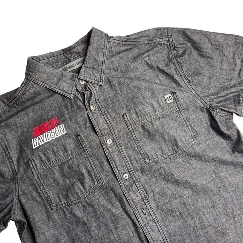 Harley-Davidson Men's Black Chambray Slim Fit Short Sleeve Button down Large