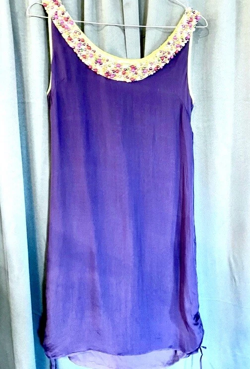 Vestido Vaina Venus 100% Seda Cuello Cuentas Talla 4 Azul Sin Mangas Top Lados Ajustables Foto 4 de 4