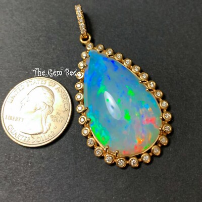 18k Solid Yellow Gold 28.95CT Pear Opal 0.76CT Diamond Necklace Pendant