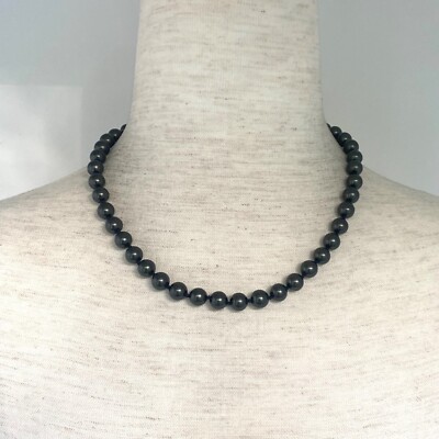 Sterling Silver 925 Knotted Single Strand 8MM Round Green Pearl Necklace 17''