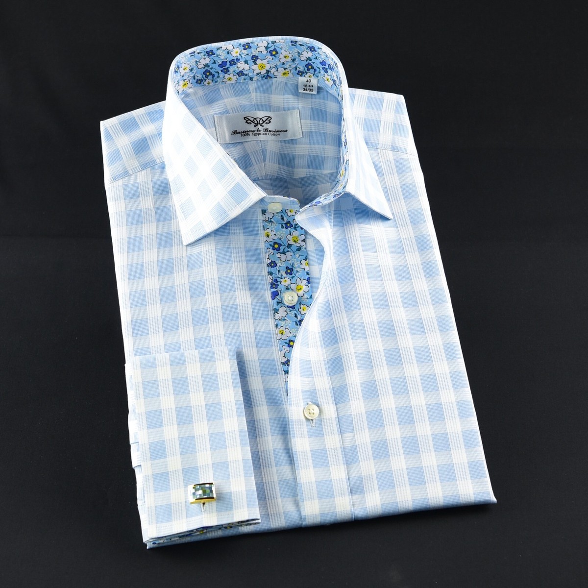 Classc Blue Check Formal Busness Dress Shrt French Double Cuffs