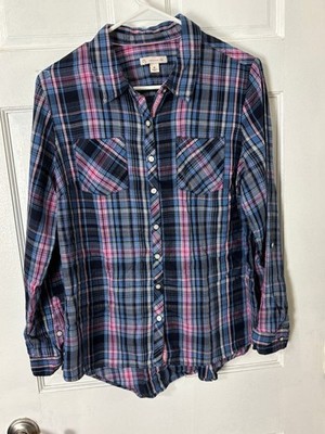 Established 1962 Flannel Shirt Womens Medium Pink Blue Black Plaid Long Sleeve