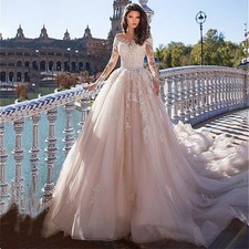 Elegant Wedding Dress Appliques Lace Long Sleeves Pink Tulle Draped Bridal Gown