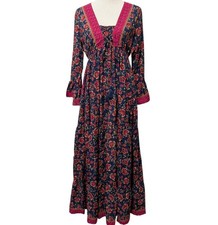Boemo Womens Sz XL Blue Pink Floral Boho Peasant Bell Sleeves Tiered Maxi Dress