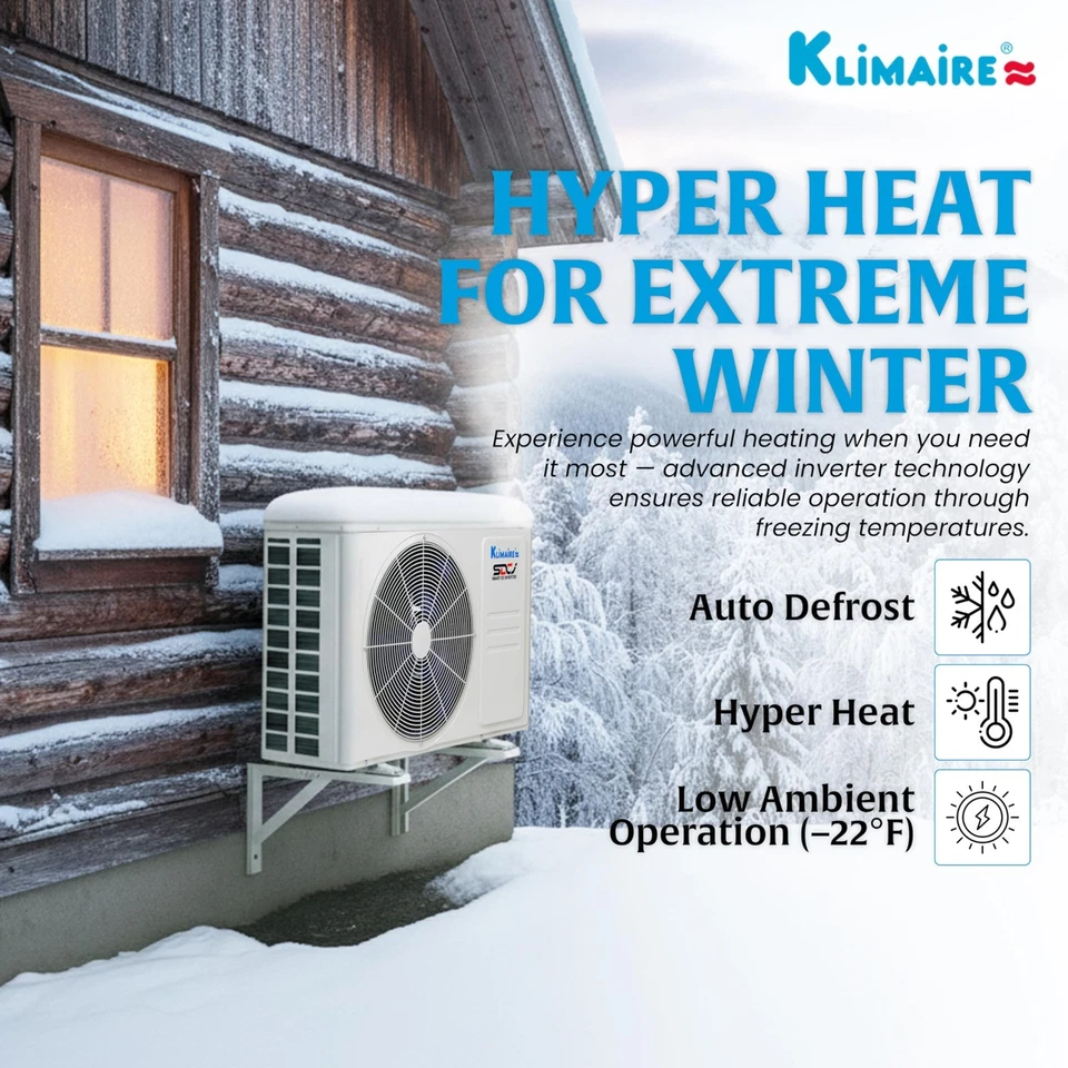 Klimaire HyperHeat 12000 BTU 23.1 SEER2 Ductless MiniSplit Inverter Heat Pump Ac - Image 2 of 4
