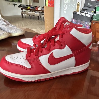 sneakers nike dunk high mens red white high top lace up leather rubber outsole