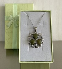 Connemara Marble Shamrock Celtic Design Pendant Necklace 925 Sterling Silver 20"