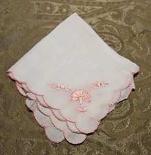 VINTAGE WHITE LINEN HANKIE PINK EMBROIDERED FLORAL DESIGN IN ALL FOUR CORNERS