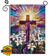 Easter Garden Flag 12x18 Double Sided Stained Glass Cross Lilies