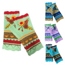 Women Winter Knit Fingerless Gloves Multicolor Crochet Floral Thumbhole Mittens