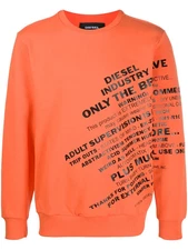 DIESEL Warning Print Sweatshirt In Orange Black Long Sleeve Crew neck Men's S