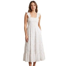 Crown & Ivy Women Size Small White Clip Dot Smocked Tiered Sleeveless Midi Dress