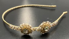 Gold Tone Beaded Crystal Headband Double Floral Rhinestone Estate Hair Accessory
