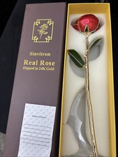 Sinvitron Gold Dipped Rose 24K Real Rose Long Stem Gold Plated Rose w/ Stand