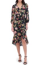 Eliza J EJ4M3441 Balloon Sleeve Faux Wrap Dress SZ 6 Black Multi